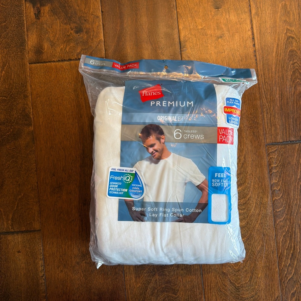Hanes Premium Original Fit Tagless Crew T Shirts 6 Pack White Super Soft Size XL